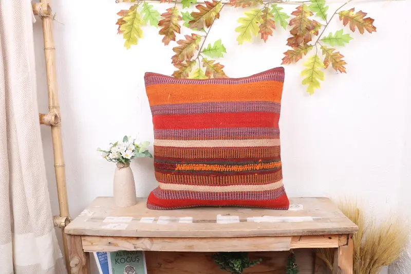 Pillow Case, Seat Pillow, Home Decor Pillow, Ethnical Kilim Rug Pillow, Turkish Pillow, 18x18 Red Pillow, Pastel Cushion Case - 1