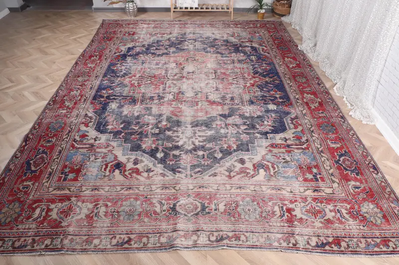 El Yapımı Mavi İkat Halı, Kırmızı Desenli 8,2x14,1 ft