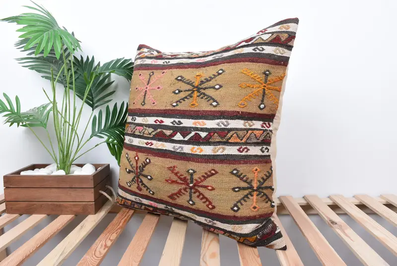 Cushion, Interior Designer Pillow, 24x24 Beige Cushion Cover, Handmade Kilim Cushion, Handmade Throw Pillow Case, Art Deco Pillow, Antique Pillows - 5