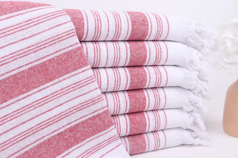 Summer Gift Red Striped Cotton Towel, Personalized Turkish, 32x67 Inches