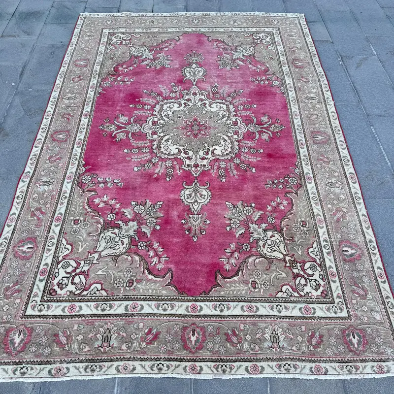 Vintage Türk Büyük Halı 6.3x9.8 ft, Kırmızı Gri Patchwork Yün Halı - 1