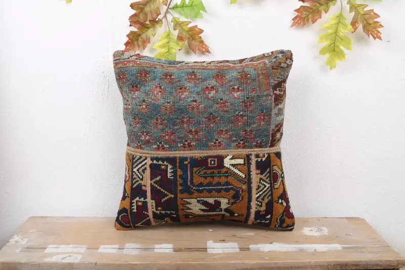 Grün-braunes Patchwork-Wurfkissen, 16x16 besticktes Kissen