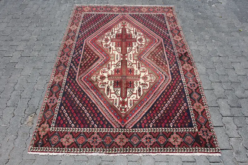 5.2x7.9 ft Large Vintage Turkish Rug, Red Floral Wool Rug - 1