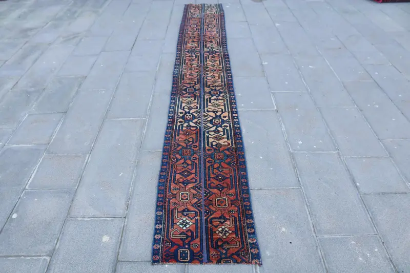 1.5x12.4 ft Rug, Vintage Turkish Rug, Oushak Blue Striped Rug - 1