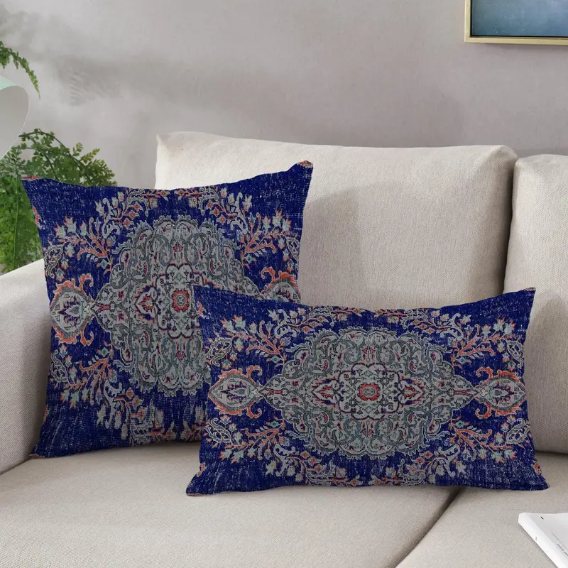 Blaues Ethno-bedrucktes Kissen, Bio-Baumwolle, Wohndekor-Akzent