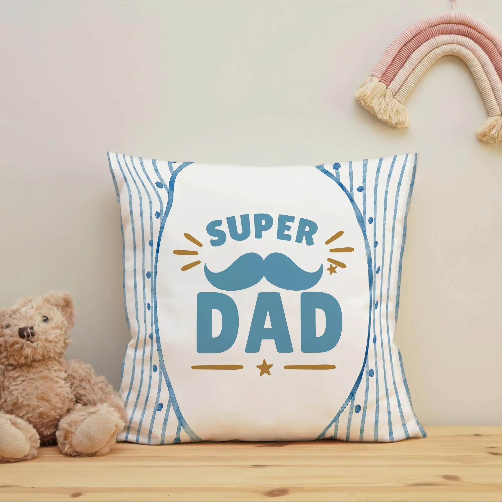 Blue Mustache Printed Pillow Cover, Personalized Home Decor for Dad - 1