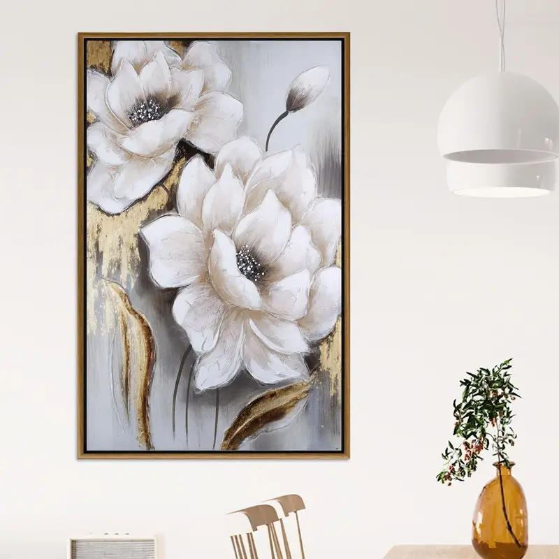 Moderner luxuriöser Gold-Saloon-Leinwanddruck mit weißen Blumen