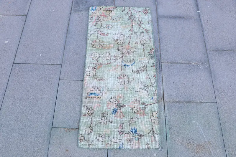 Turkish Small Rug 1.4x3.2 ft, Vintage Oushak Green Floral Wool Rug - 1
