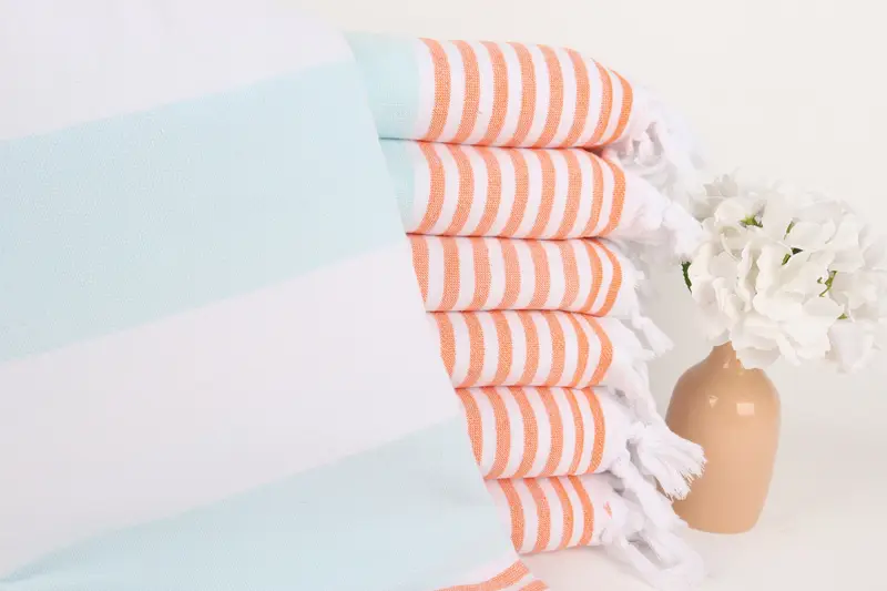 Mint-Orange Striped Cotton Towel for Home Decor, 36x67 Inches