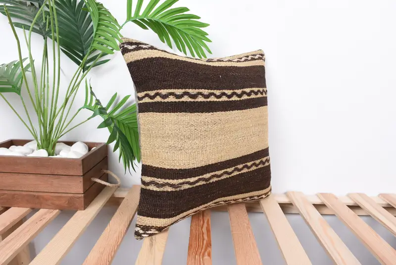Kilim Rug Pillow Sham, Throw Kilim Pillow, Handwoven Pillow Cover Pillow Sham, Pillow Case, Pillow for Sofa, 16x16 Brown Pillow, Home Decor Pillow - 4