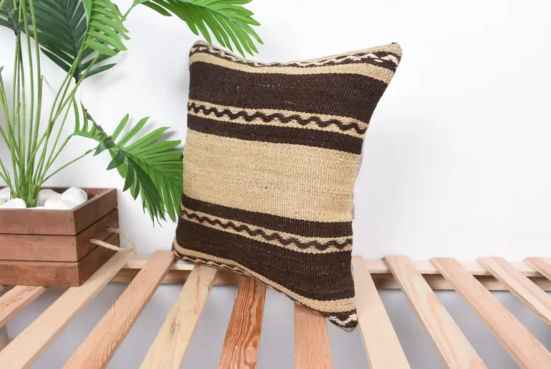 Kilim Rug Pillow Sham, Throw Kilim Pillow, Handwoven Pillow Cover Pillow Sham, Pillow Case, Pillow for Sofa, 16x16 Brown Pillow, Home Decor Pillow - 5