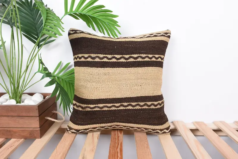 Kilim Rug Pillow Sham, Throw Kilim Pillow, Handwoven Pillow Cover Pillow Sham, Pillow Case, Pillow for Sofa, 16x16 Brown Pillow, Home Decor Pillow - 1