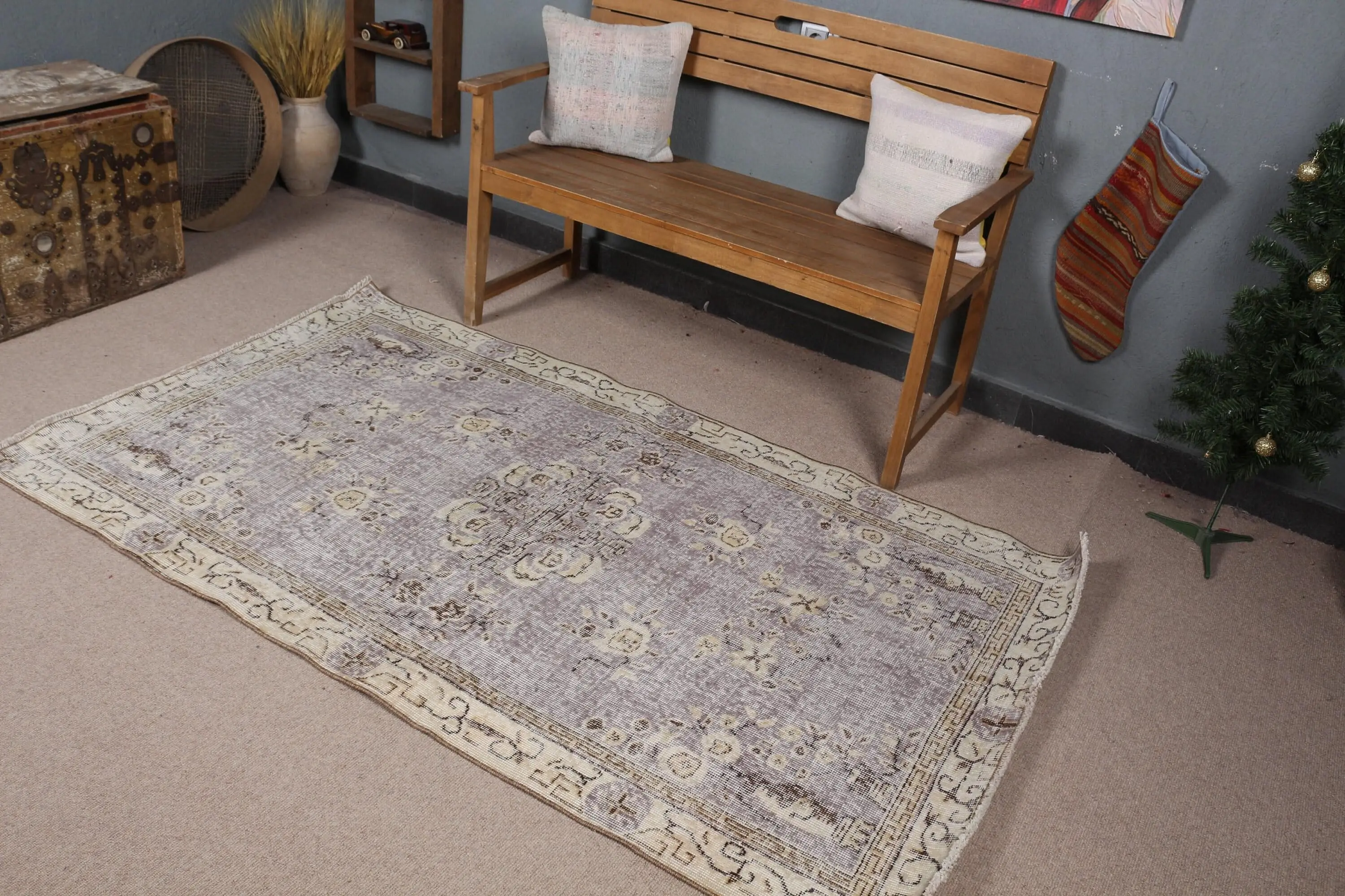 Turkish Area Rug 3.8x6.7 ft, Gray White Ombré Rug Wool - 1