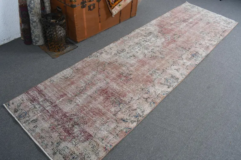 Turkish Vintage Runner Rug 2.8x9.4 ft (85x287 cm), Red Ombré Oushak Rug - 1