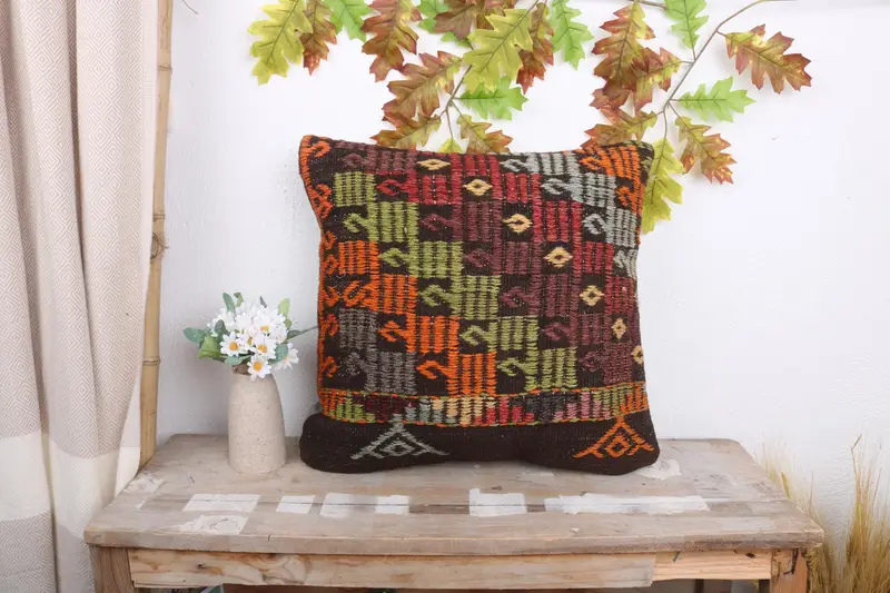 Boho Pillow Sham Cover, Tapestry Cushion Cover, Pillow, Boho Pillow, Christmas Pillow Cover, Handmade Kilim Cushion, 18x18 Orange Cushion Cover - 1