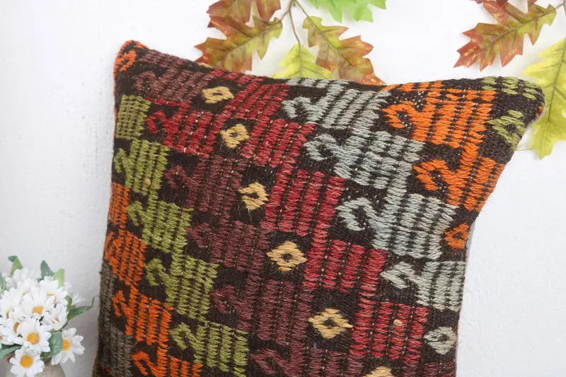 Boho Pillow Sham Cover, Tapestry Cushion Cover, Pillow, Boho Pillow, Christmas Pillow Cover, Handmade Kilim Cushion, 18x18 Orange Cushion Cover - 5
