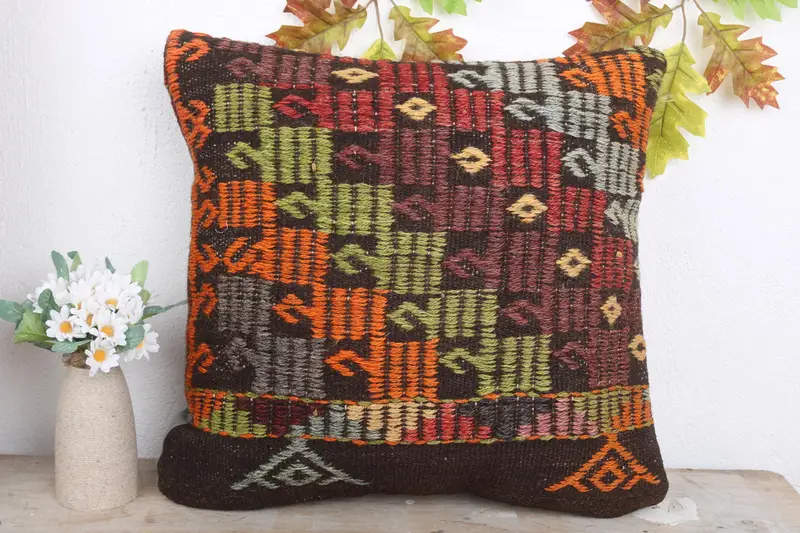 Boho Pillow Sham Cover, Tapestry Cushion Cover, Pillow, Boho Pillow, Christmas Pillow Cover, Handmade Kilim Cushion, 18x18 Orange Cushion Cover - 2