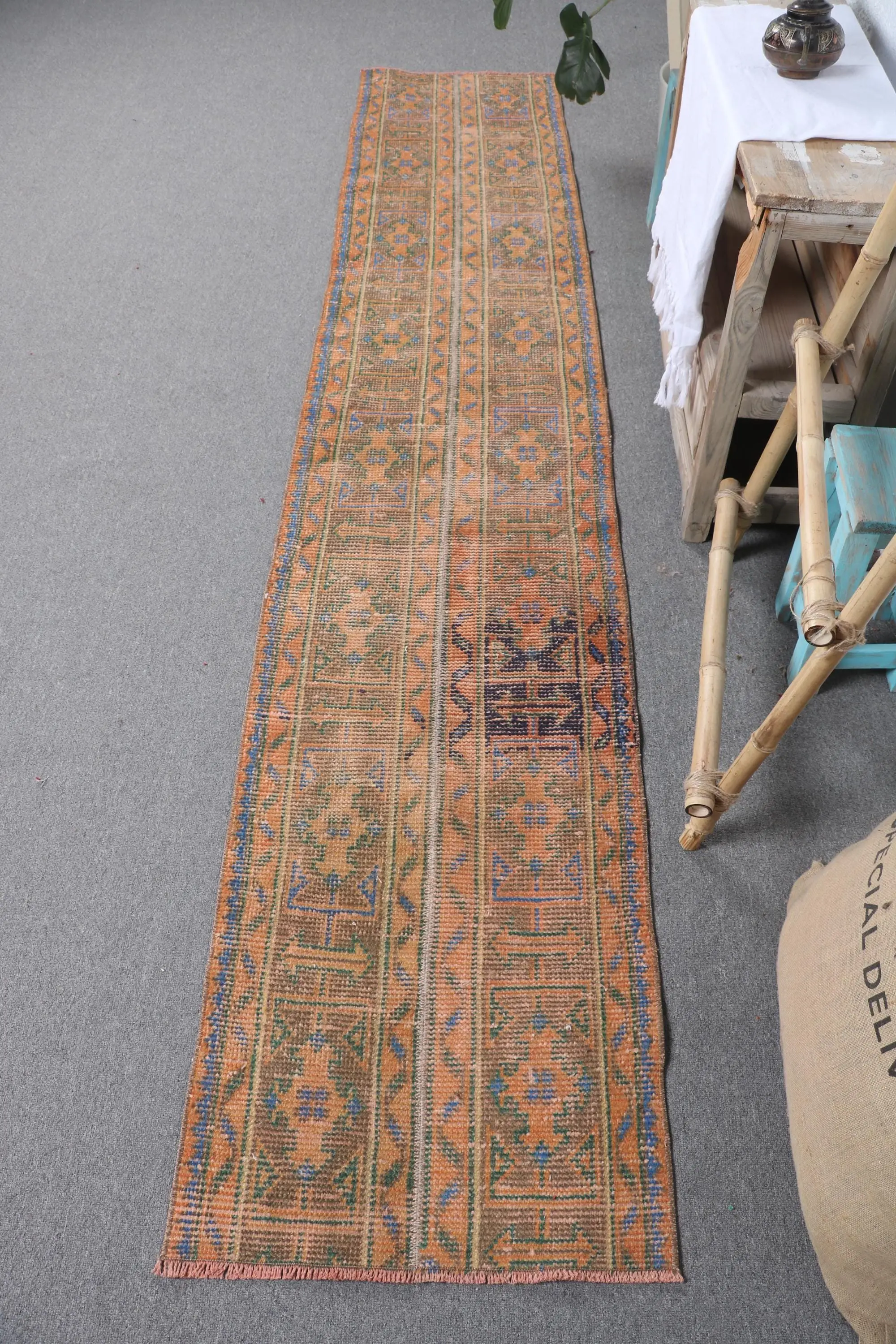 Turkish Vintage Rug, 1.9x9.8 ft Rug, Orange Blue Animal Print Wool Rug - 1