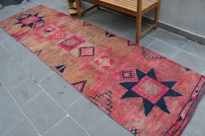Vintage Turkish Rug, 3.3x11.5 ft Herki Rug, Red Moroccan Wool Rug - 1