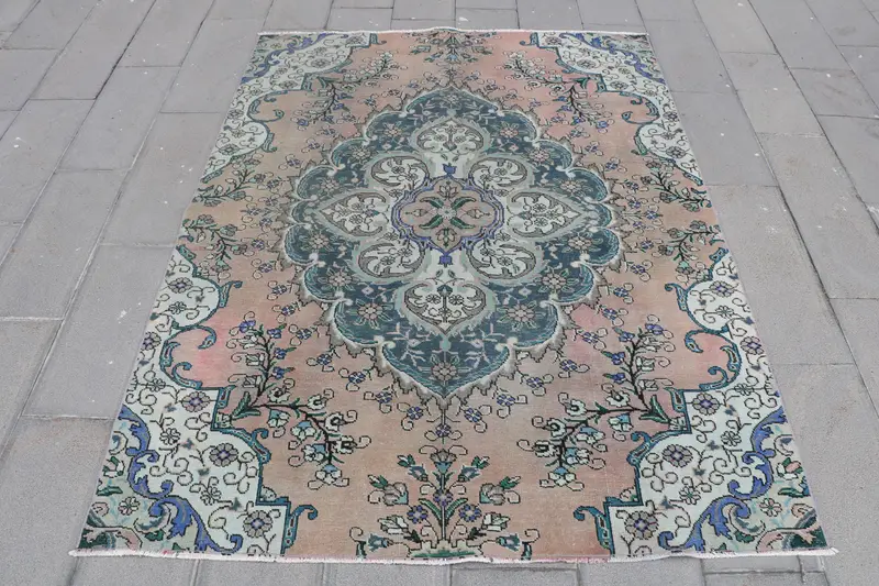5.9x7.9 ft Rug, Turkish Vintage Rug, Blue Pink Wool Rug - 1