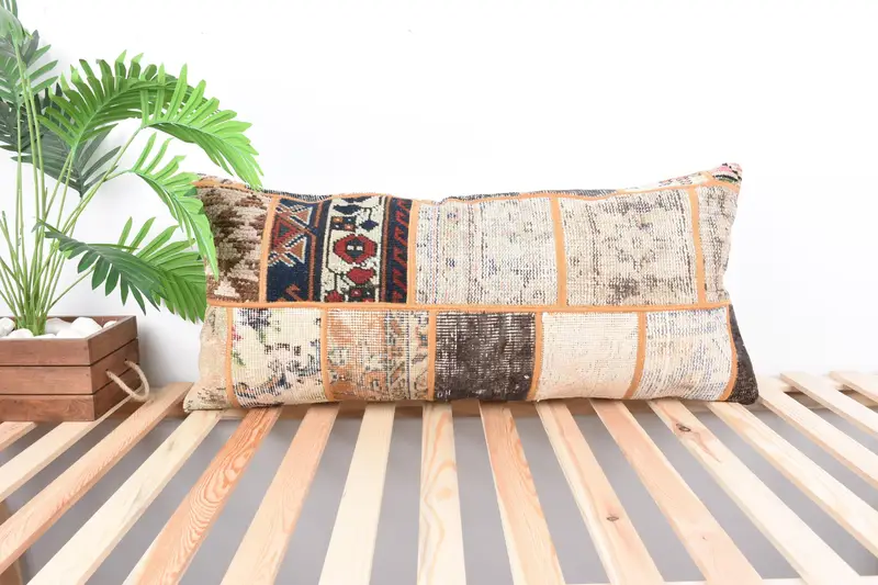 Pillow, Bolster Pillow, Boho Pillow, Ikat Pillow Cover, Turkish Kilim Pillow, Neutral Pillow, 16x36 Beige Pillow Sham, Kilim Pillow Cover - 1