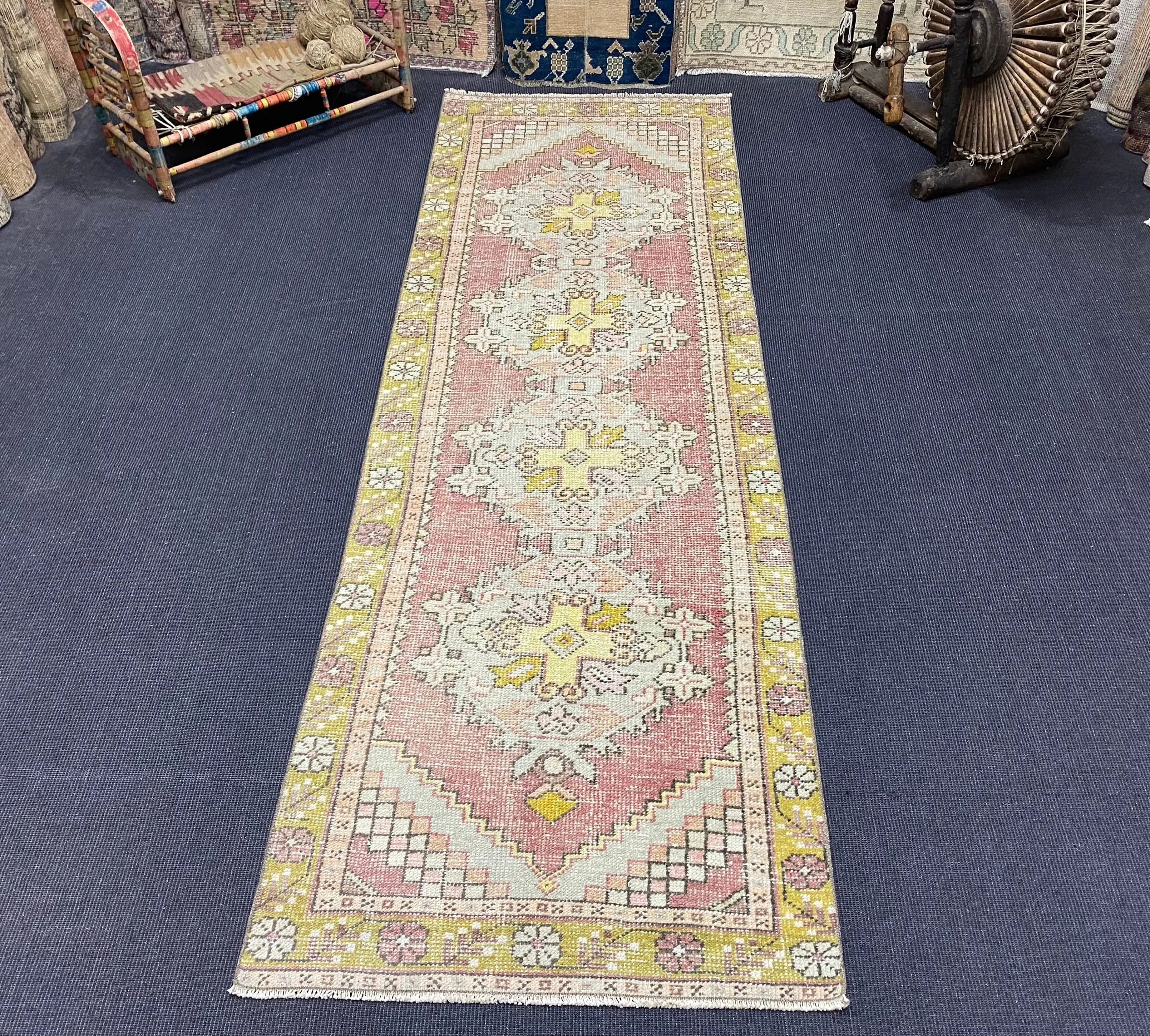 Vintage Runner Rug 2.8x9.4 ft, Pink Floral Turkish Wool Rug - 1
