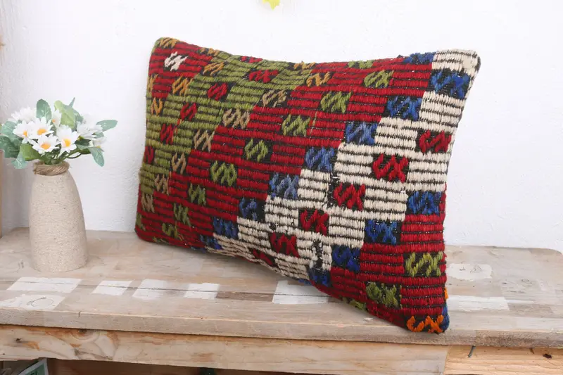 Sofa Cushion Case, Vintage Kilim Pillow, Boho Chic Cushion Cover, Vintage Pillow, Ethnical Kilim Rug Pillow, 12x20 Red Pillow Case, Cushion - 4