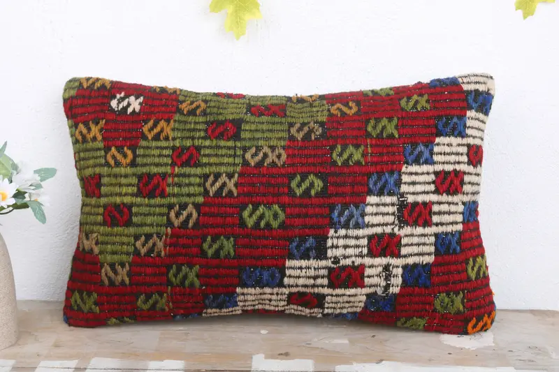 Sofa Cushion Case, Vintage Kilim Pillow, Boho Chic Cushion Cover, Vintage Pillow, Ethnical Kilim Rug Pillow, 12x20 Red Pillow Case, Cushion - 2