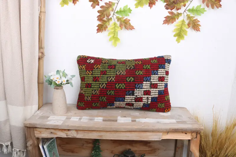 Sofa Cushion Case, Vintage Kilim Pillow, Boho Chic Cushion Cover, Vintage Pillow, Ethnical Kilim Rug Pillow, 12x20 Red Pillow Case, Cushion - 1