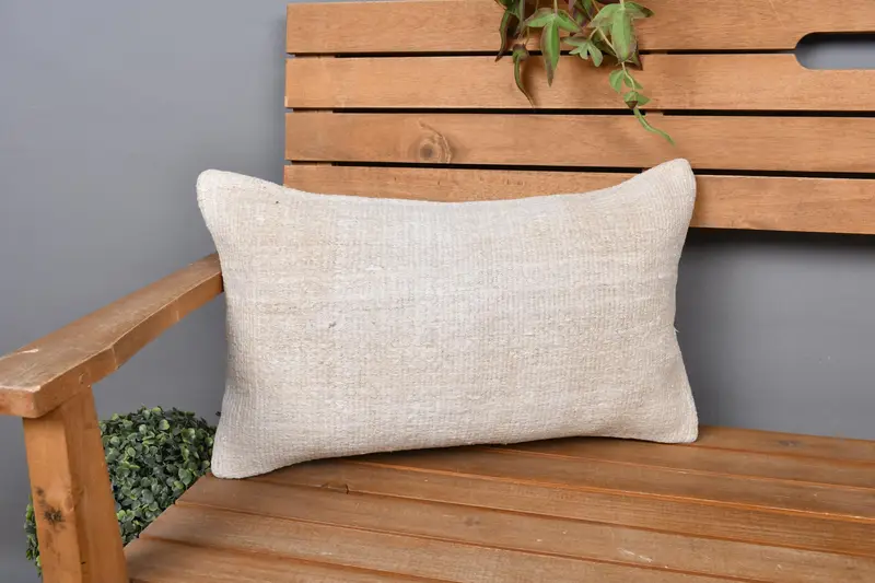 Cushion Cover, Vintage Kilim Throw Pillow, Antique Pillows, 12x20 Beige Cushion, Wool Kilim Pillow Cushion Case, Boho Pillow Sham Cover - 1