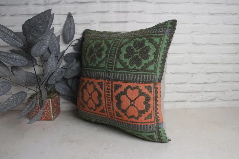 Antique Pillows, Cushion, Accent Throw Cushion, Interior Designer Pillow, Turkish Bench Pillow Case, 20x20 Orange Cushion Cover, Kilim Cushion Sham - 4