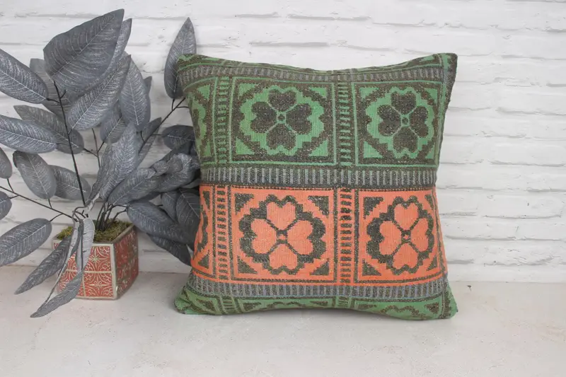 Antique Pillows, Cushion, Accent Throw Cushion, Interior Designer Pillow, Turkish Bench Pillow Case, 20x20 Orange Cushion Cover, Kilim Cushion Sham - 1
