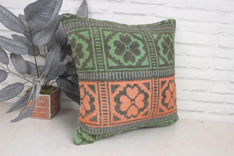 Antique Pillows, Cushion, Accent Throw Cushion, Interior Designer Pillow, Turkish Bench Pillow Case, 20x20 Orange Cushion Cover, Kilim Cushion Sham - 3