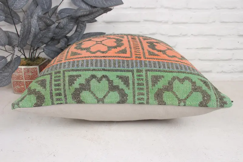Antique Pillows, Cushion, Accent Throw Cushion, Interior Designer Pillow, Turkish Bench Pillow Case, 20x20 Orange Cushion Cover, Kilim Cushion Sham - 5