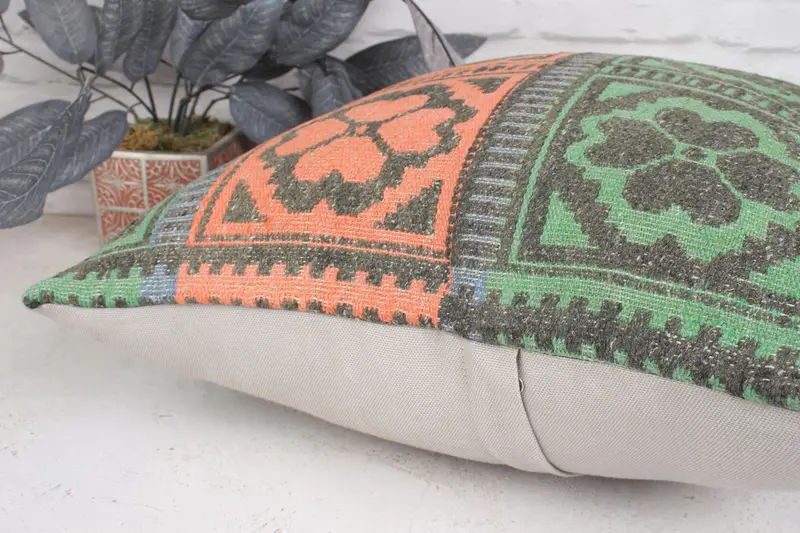 Antique Pillows, Cushion, Accent Throw Cushion, Interior Designer Pillow, Turkish Bench Pillow Case, 20x20 Orange Cushion Cover, Kilim Cushion Sham - 7