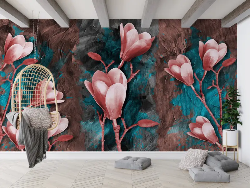 3d Wall Paper,Botanical Wall Mural,Magnolia Wall Painting,Paper Wall Art ,Wall Paper Peel and Stick,Oil Painting Print, - 2