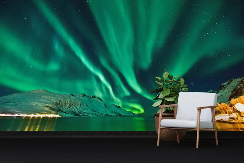 Zarif Kuzey Işıkları Baskılı Duvar Kağıdı: Gökyüzü ve Doğa Manzarası