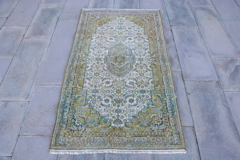Oushak Vintage Rug, 2.9x5.2 ft Turkish Rug, Blue Striped Wool Rug - 1