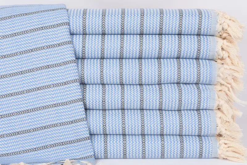 Handmade Turkish Towel Blue Dark Gray Stripes, Organic Cotton, 70x40 Inches