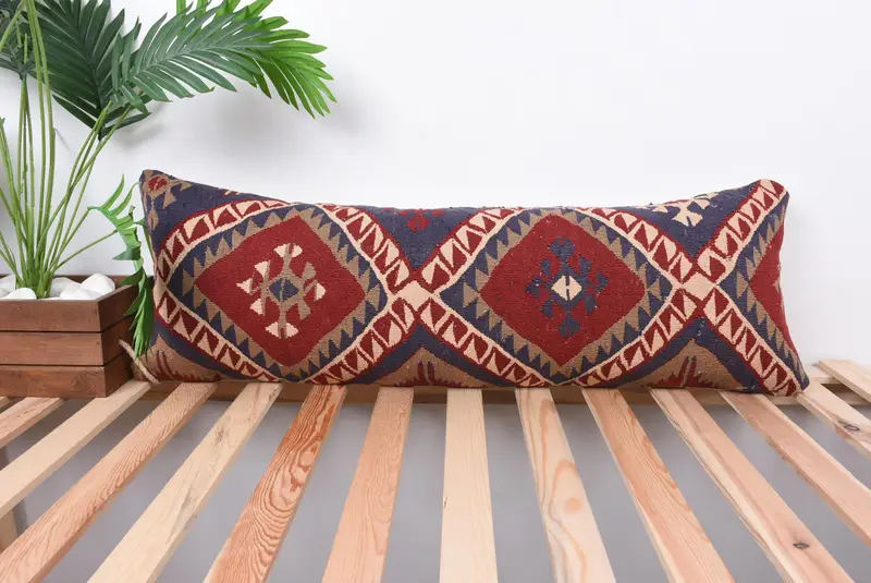 Boho Pillow, Pillow for Couch, Knitted Pillow Case, Vintage Kilim Pillow, Cushion, Accent Cushion Cover, 12x36 Red Cushion - 1