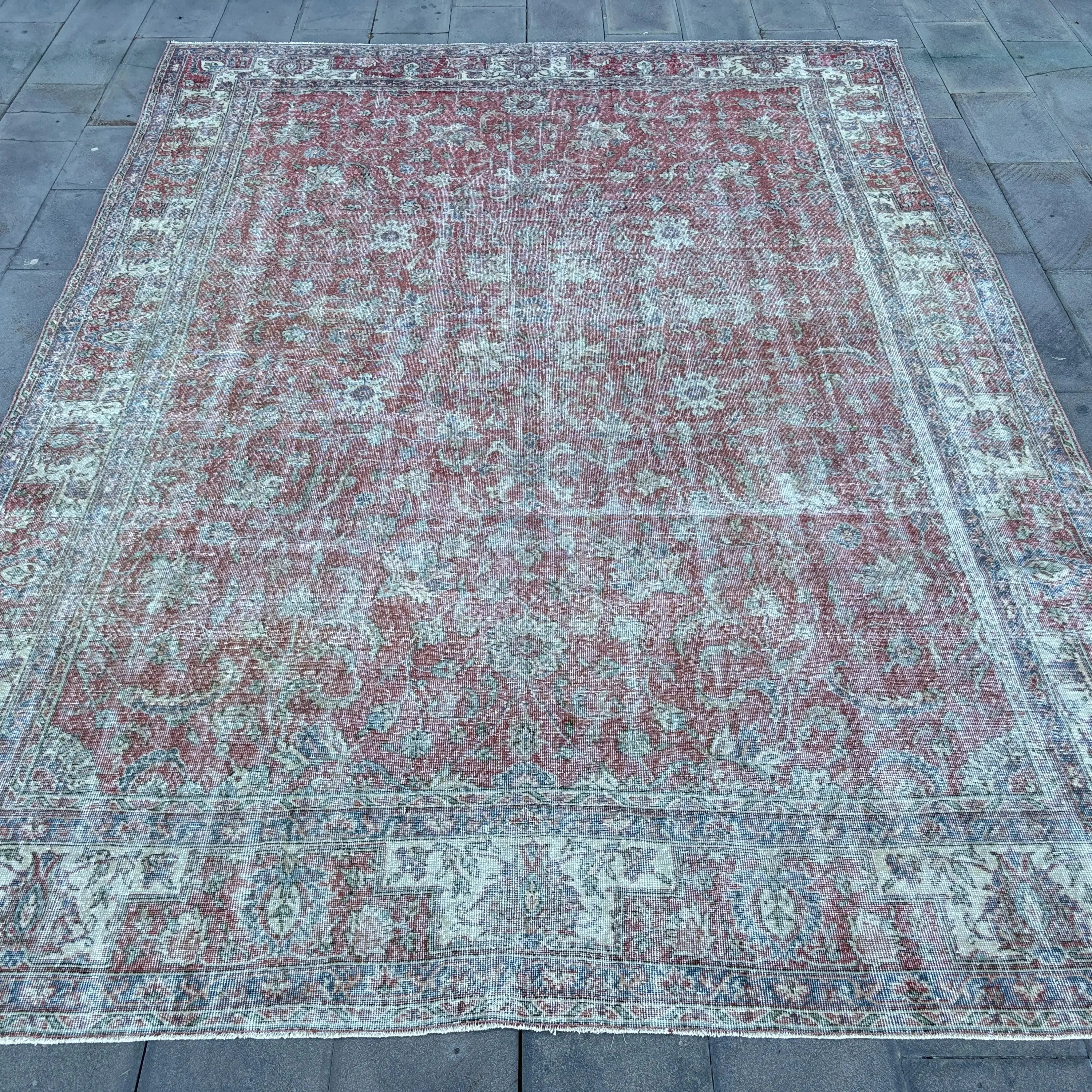 Türkischer Vintage-Teppich, Übergröße 9,1x11,9 ft (276x364 cm) Teppich, rot karierter Wollteppich - 1