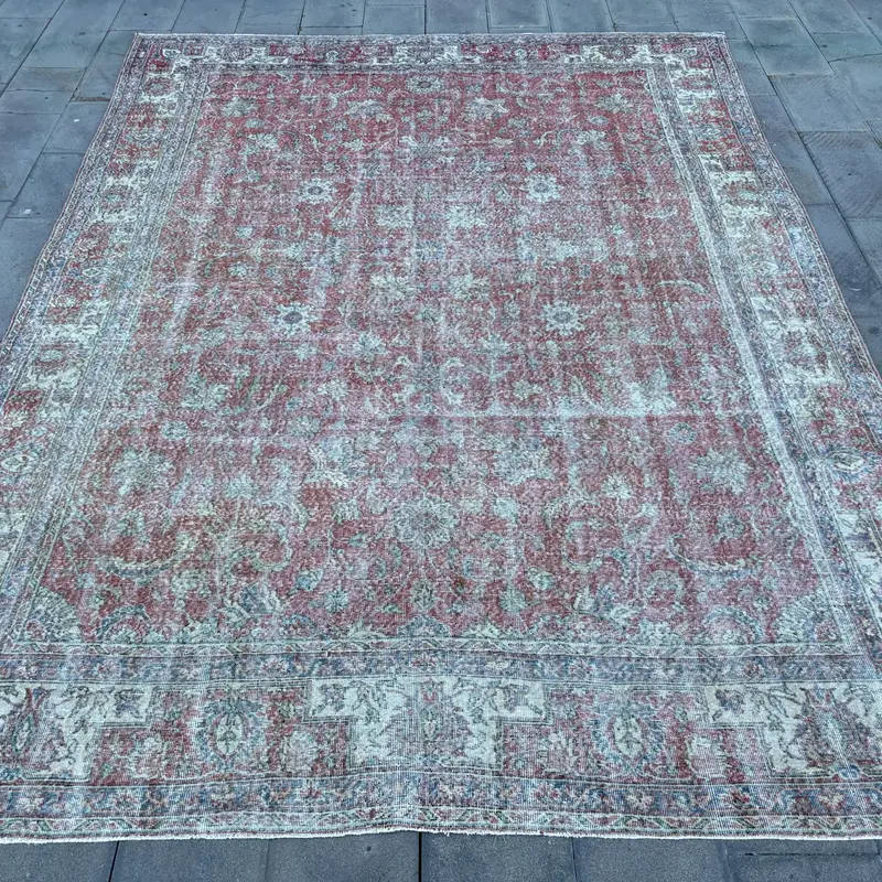 Zarif Turuncu ve Bej Kareli Halı, 9,1x11,9 ft