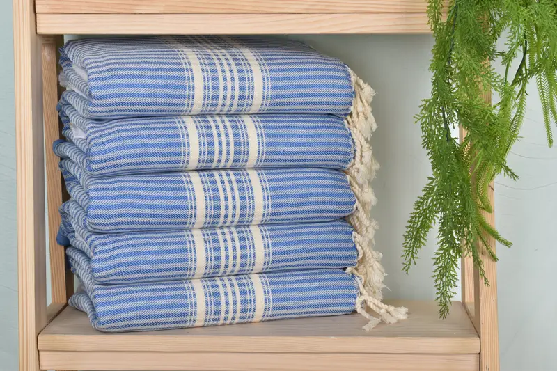 Beach Towel Blue Cotton Stripes, 38x67 Inches, Organic Cotton/Linen
