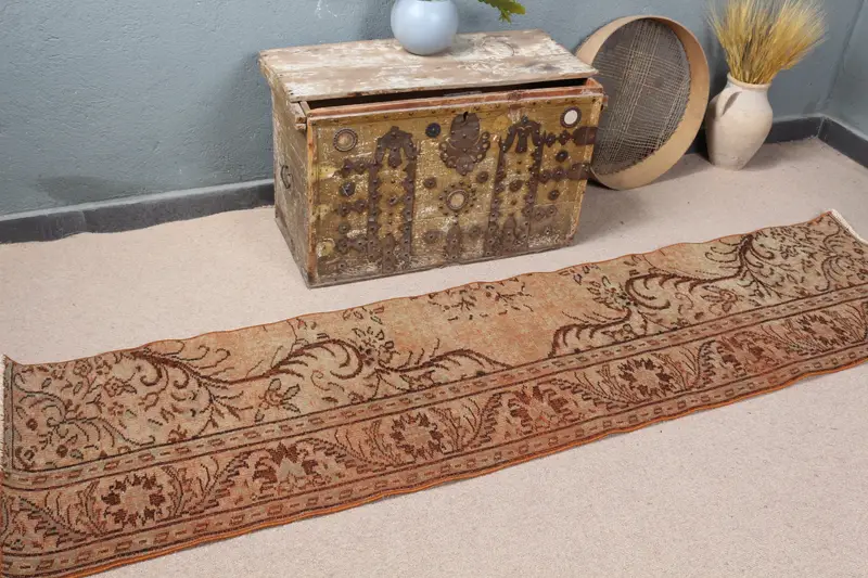 Orange & Brown Rug, 2x8 ft Geometric Floral Design