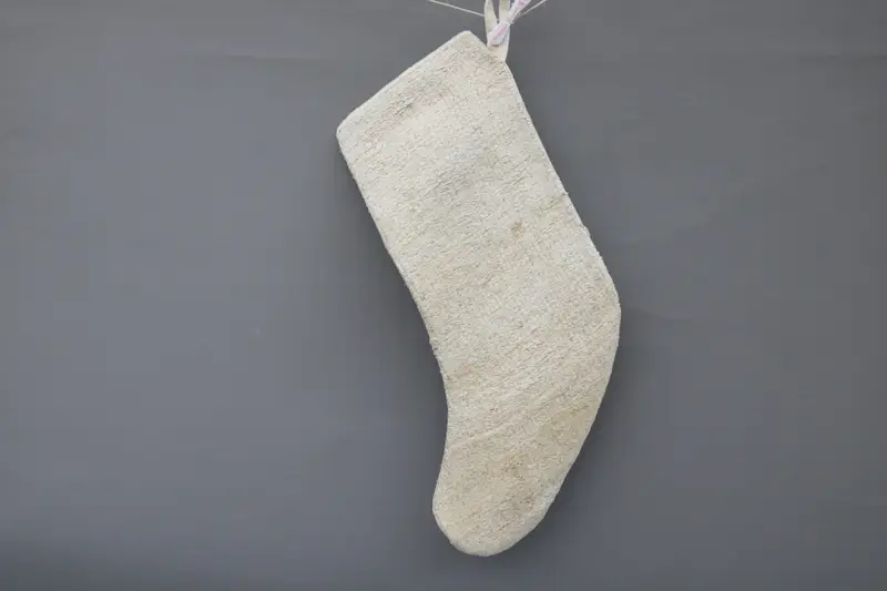 Beige Christmas Stocking with White Ornaments, Festive Holiday Stocking