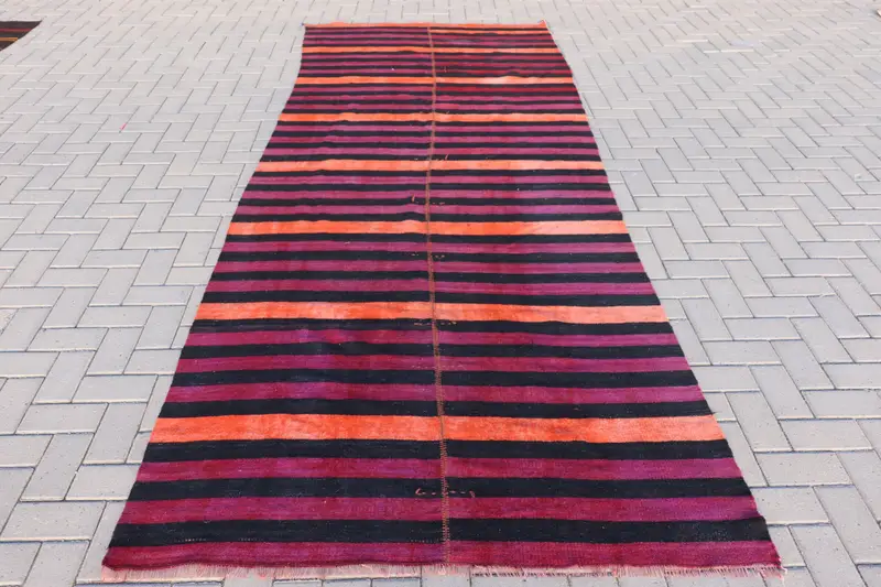 4.7x12 ft Turkish Rug, Vintage Runner Rug, Red Striped Wool Rug - 1
