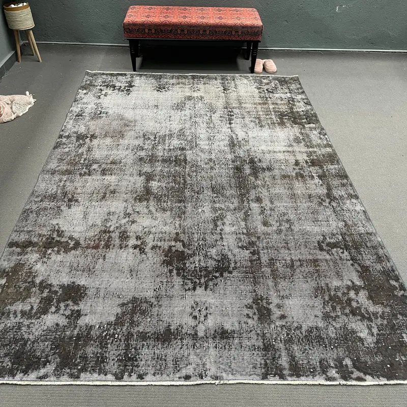 Vintage Turkish Oushak Rug 6.6x9.6 ft (200x294 cm), Gray Camouflage Wool Rug - 1