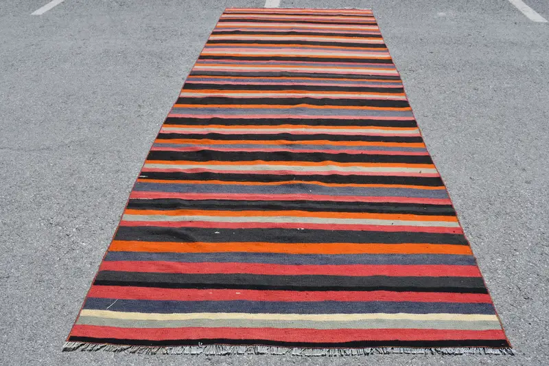 Vintage Large Rug, 4.9x12.1 ft Turkish Rug, Red Kilim Wool Rug - 1