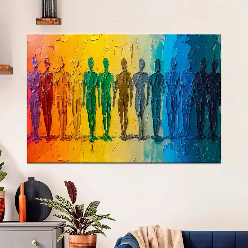 Lienzo de personas abstractas y vibrantes: impresión artística colorida inspirada en el arcoíris