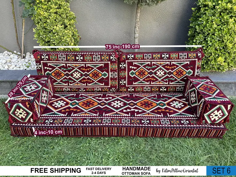 El Yapımı Kilimden Esinlenen Puf, Kırmızı Yün Osmanlı Puf